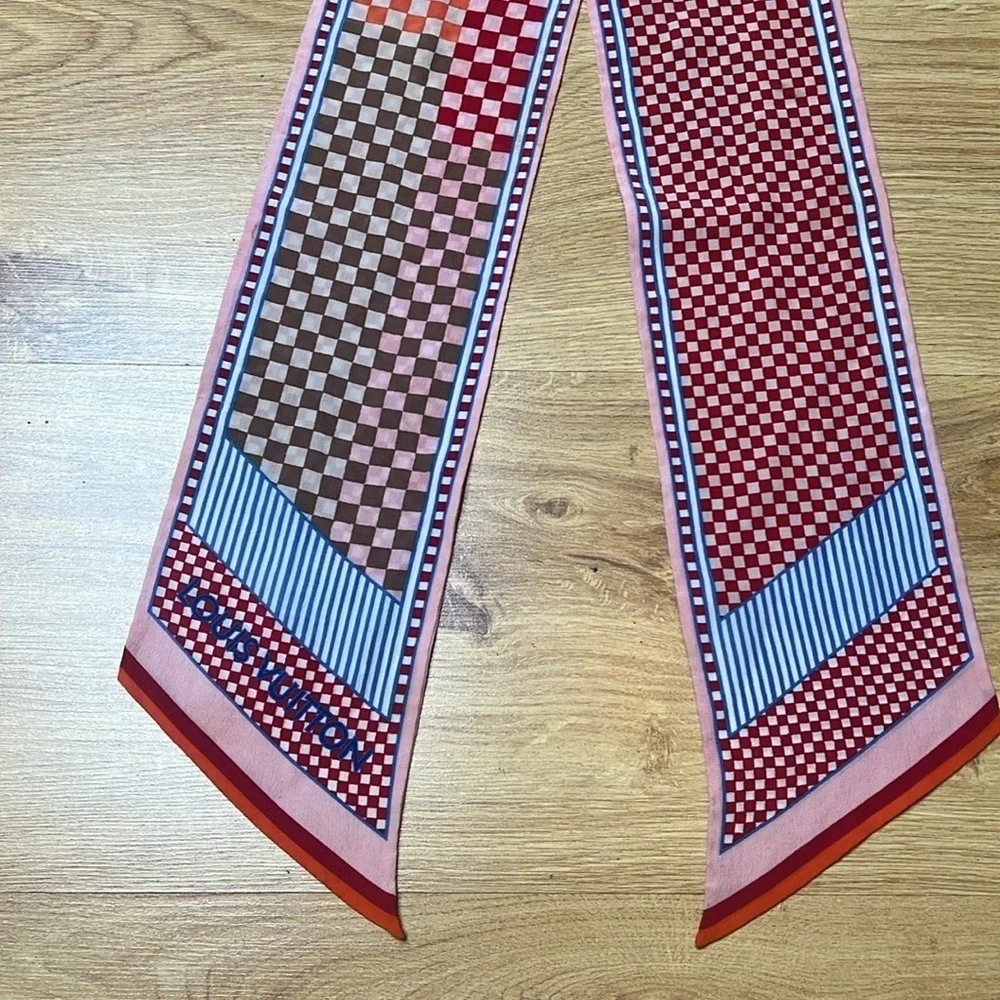 Louis Vuitton 48” x 4.25” Silk Damier Aquarelle Bandeau Piment Twilly Scarf